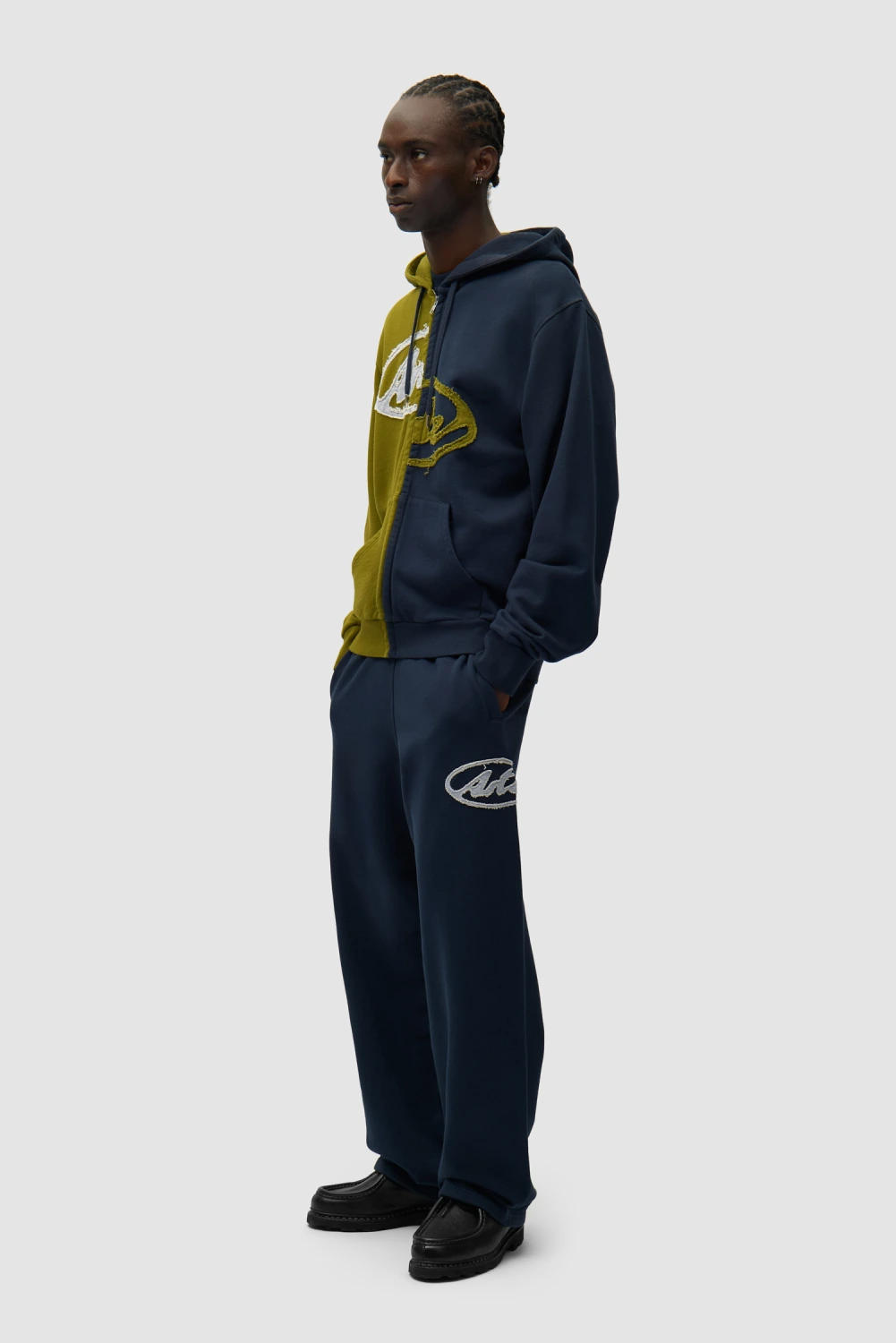 Arte Antwerp Split Patch Zip Hoodie Green/Navy on model