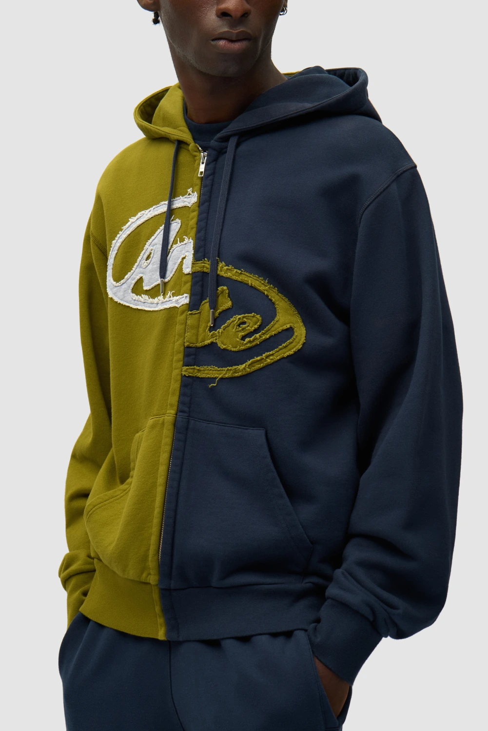 Arte Antwerp Split Patch Zip Hoodie Green/Navy on model