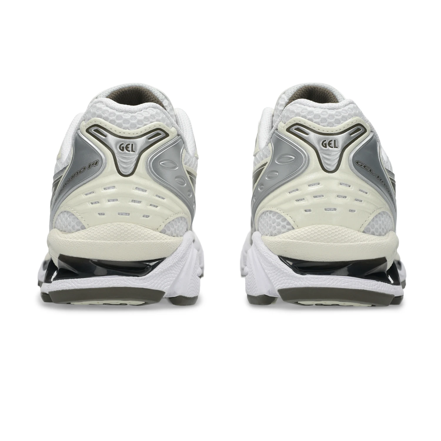 Asics Gel-Kayano 14 White/Ivory back view in a white background