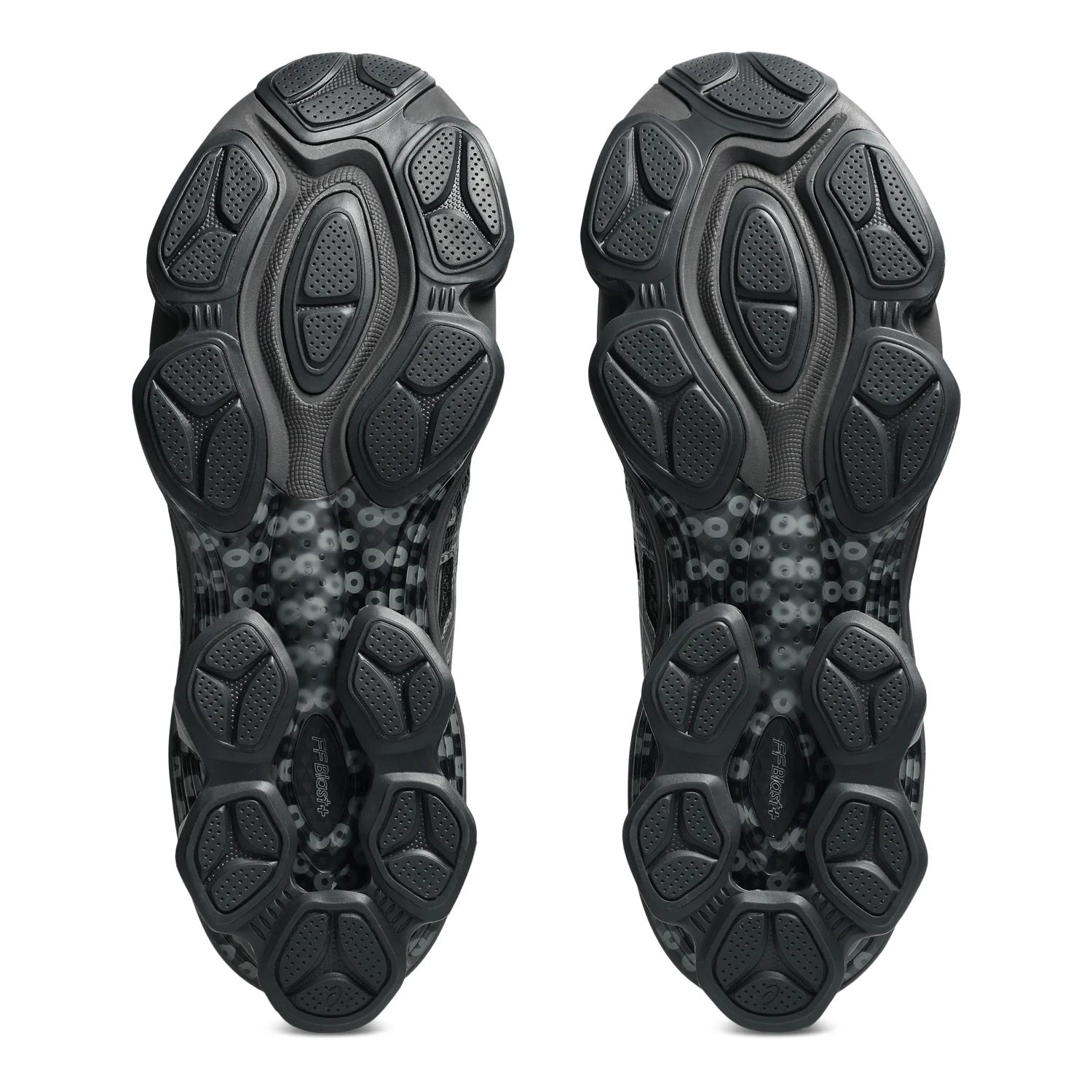 Asics US7-S Gel-Kinetic Fluent Obsidian Grey/Graphite Grey bottom view in a white background