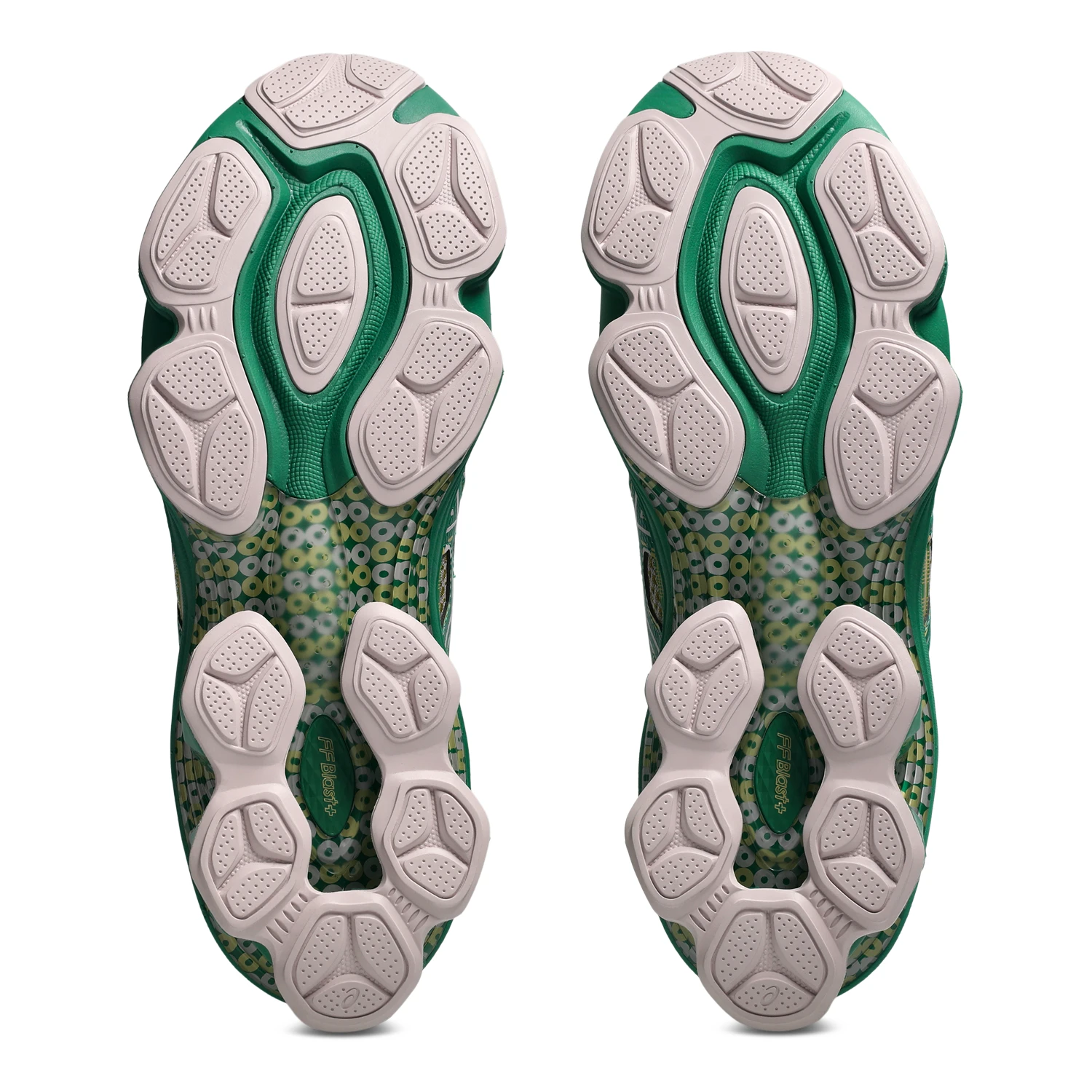 Asics US7-S Gel-Kinetic Fluent Watershed Rose/Kale bottom view in a white background