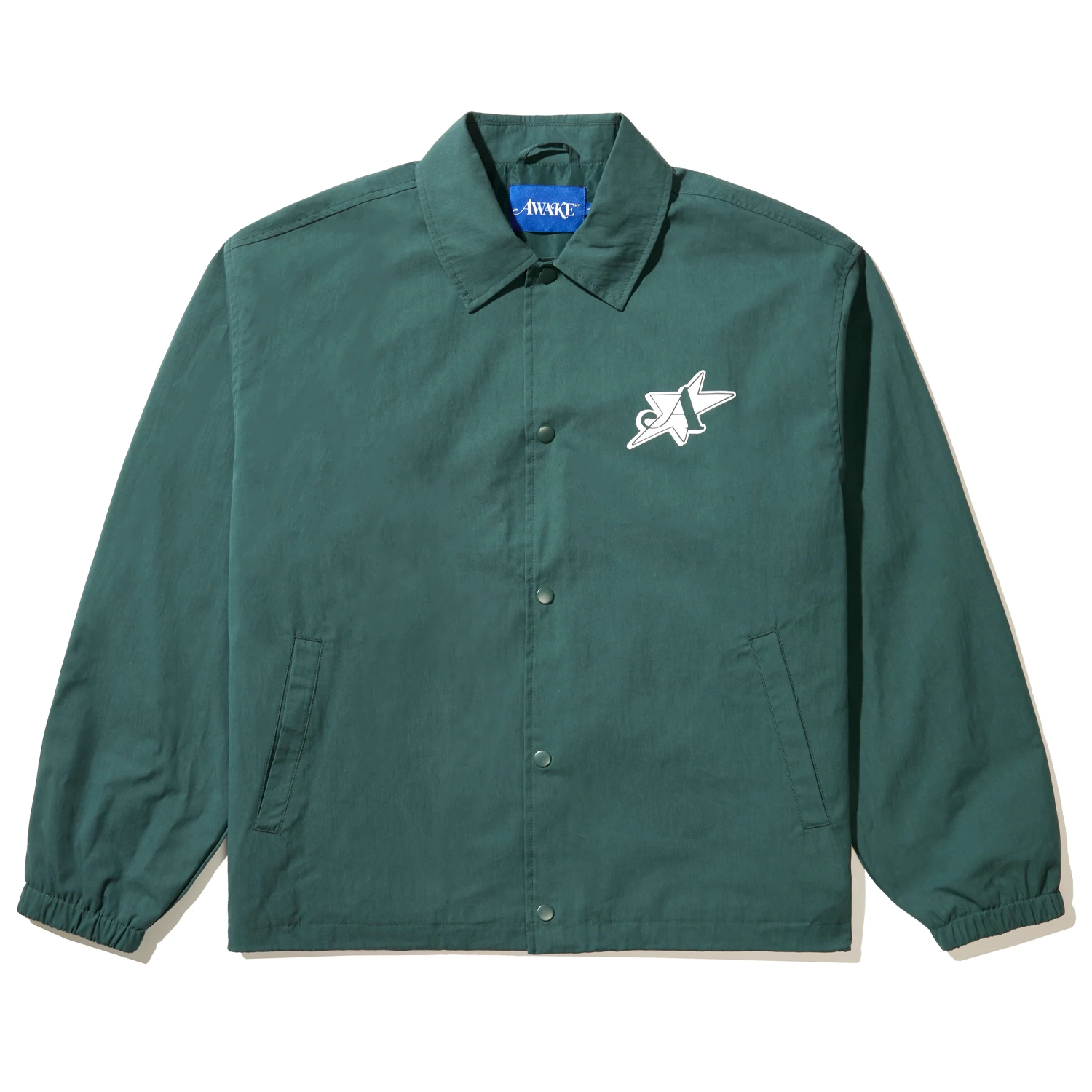 Awake NY LES Community Coaches Jacket Teal front view in a white background