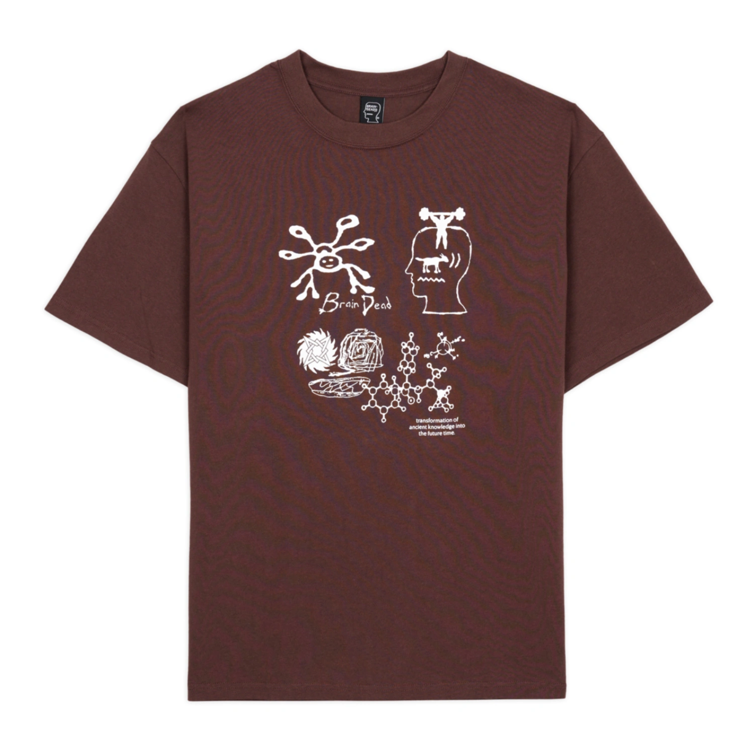 Brain Dead Ancient Knowledge T-Shirt Berry front view in a white background