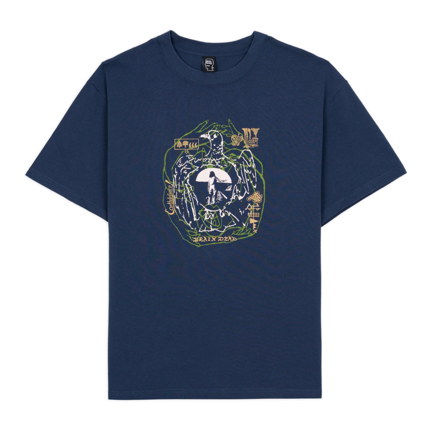 Brain Dead Earth Defense T-Shirt Slate front view in a white background