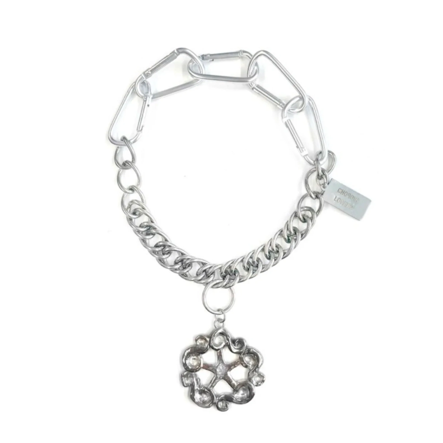 Chopova Lowena Infinite Swirl Carabiner Necklace Silver front view in a white background