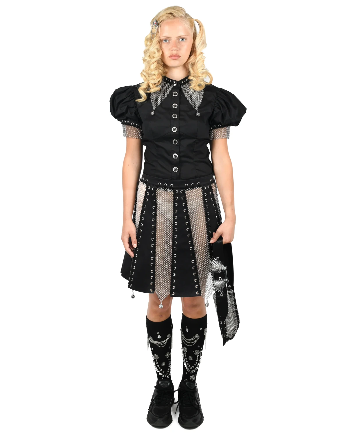 Chopova Lowena Titan Chainmail Short Sleeve Blouse Black front view on model