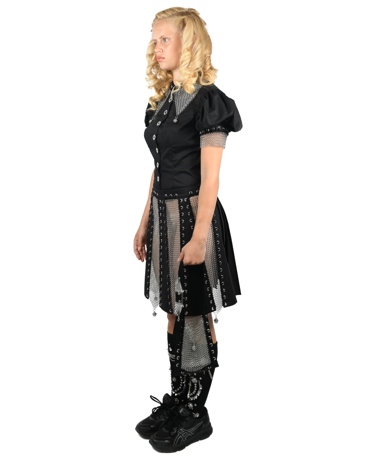 Chopova Lowena Titan Chainmail Short Sleeve Blouse Black side view on model