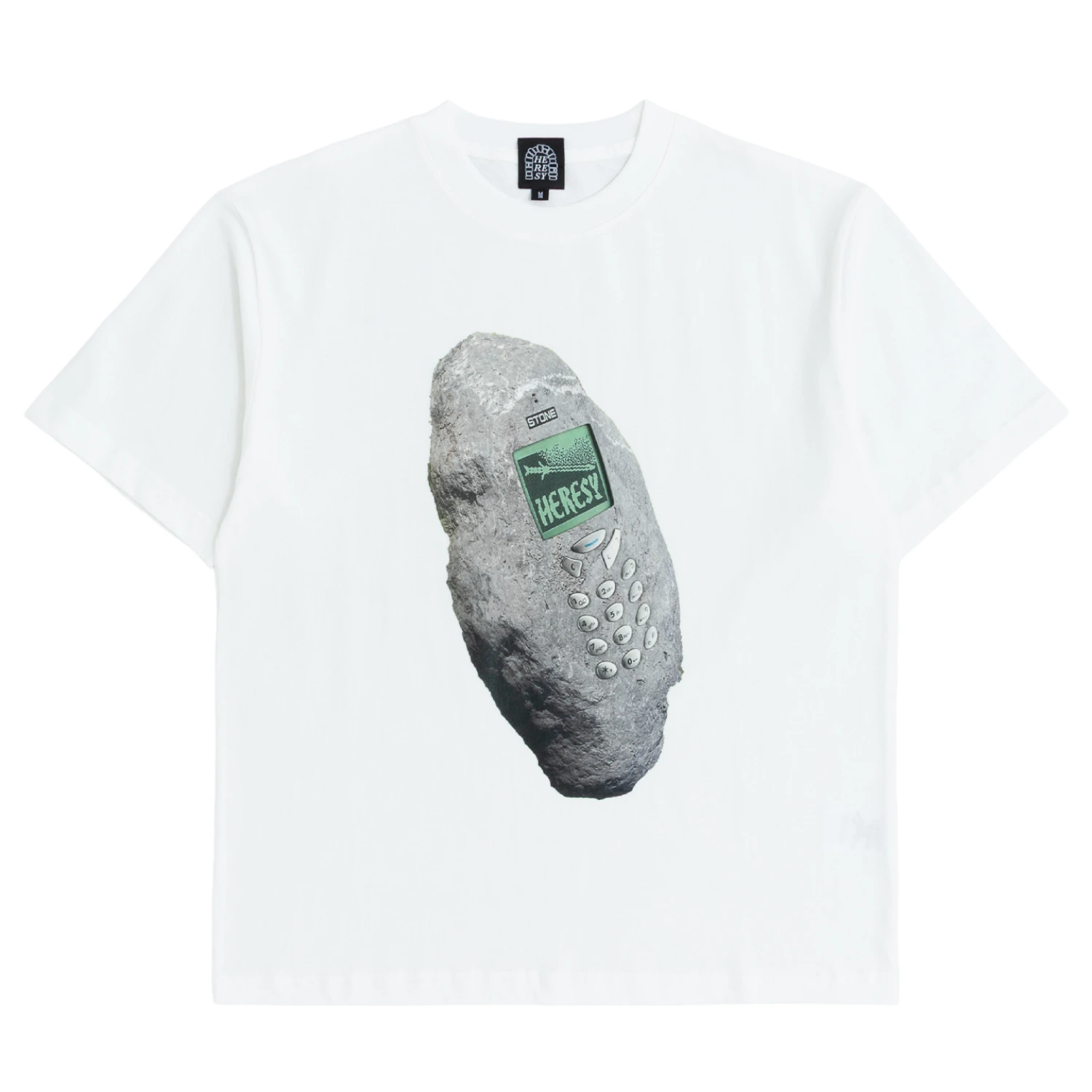 Heresy Stone Phone T-Shirt Ecru front view in a white backgorund