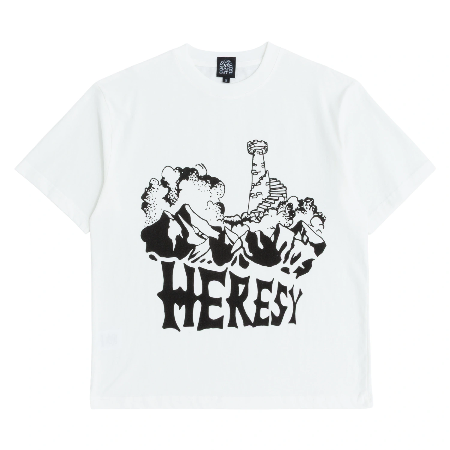 Heresy Tower T-Shirt Ecru front view in a white background