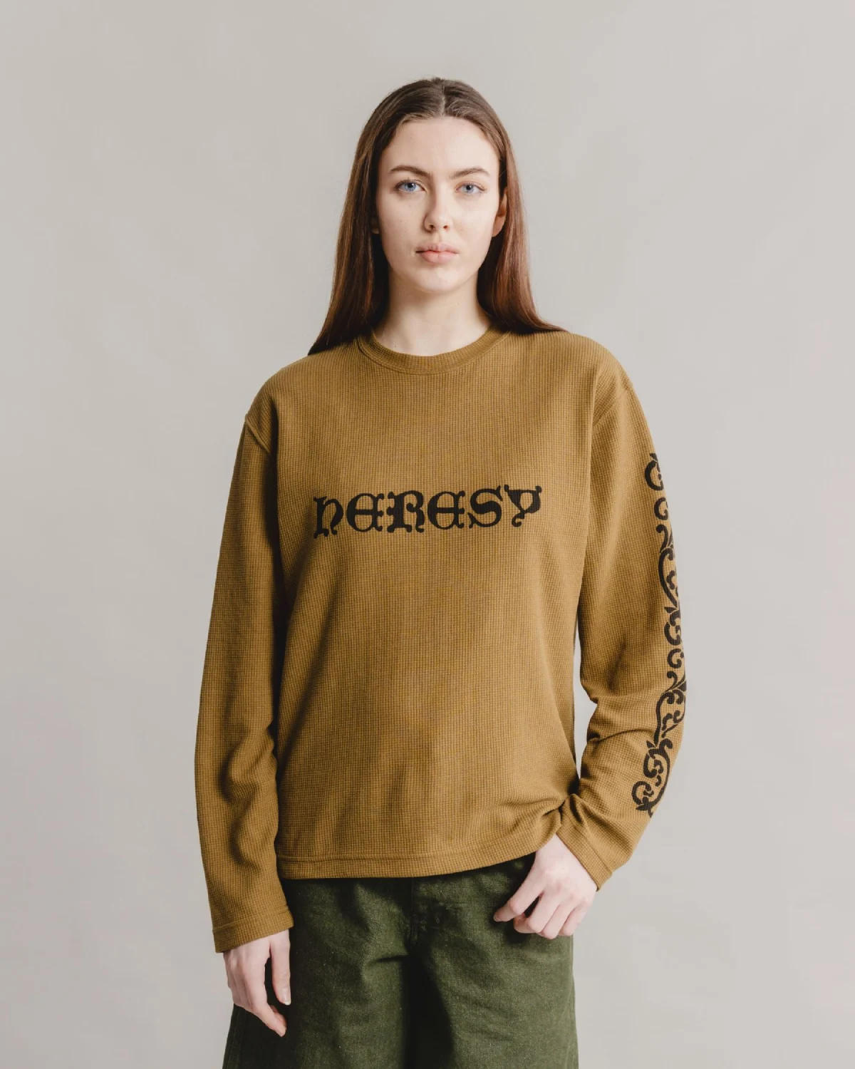 Heresy Wrouth Long Sleeve Brown on model
