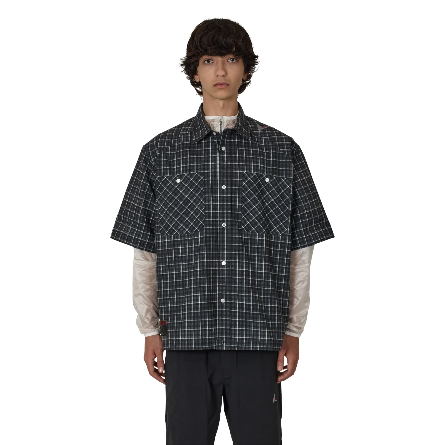ROA Aair Floweave Printed Check Short Sleeve Shirt Grey front view on model