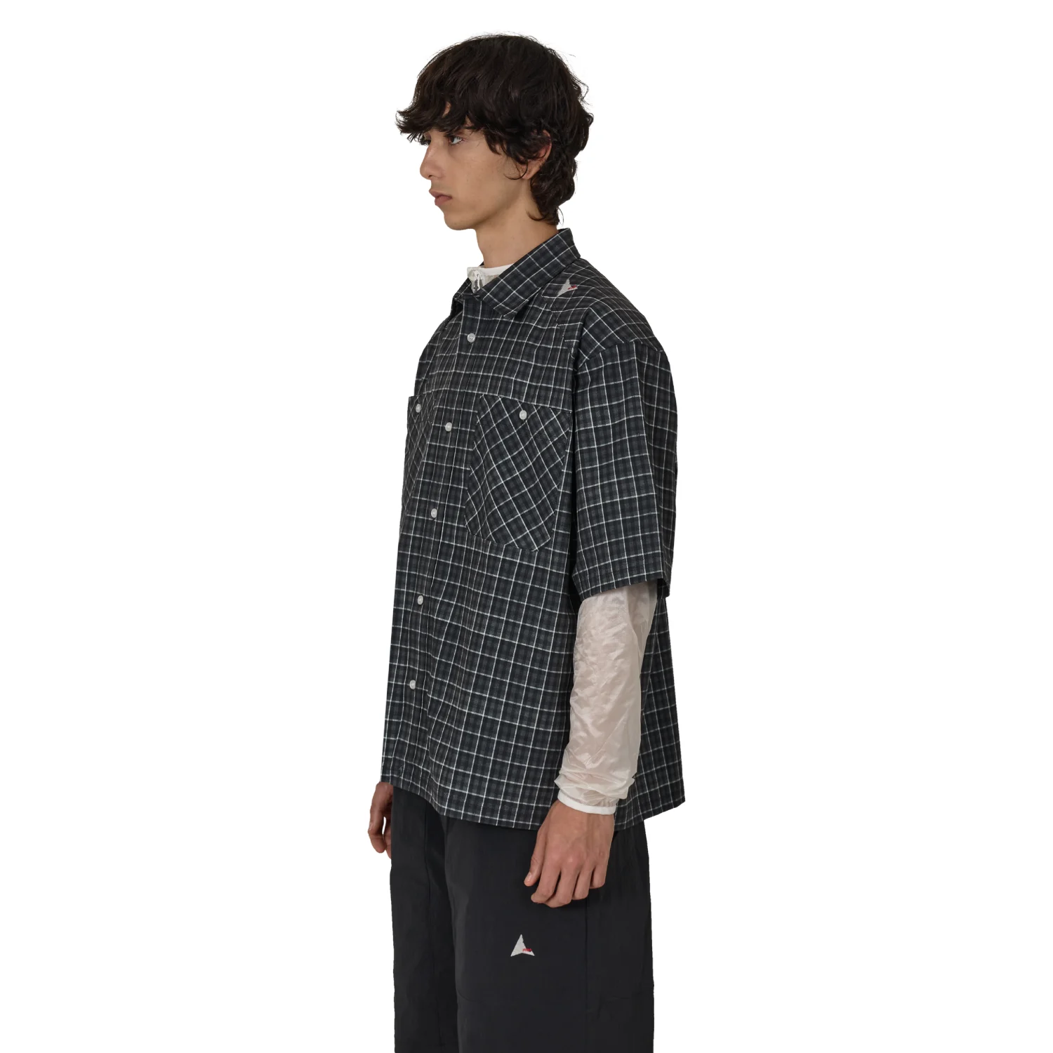 ROA Aair Floweave Printed Check Short Sleeve Shirt Grey side view on model