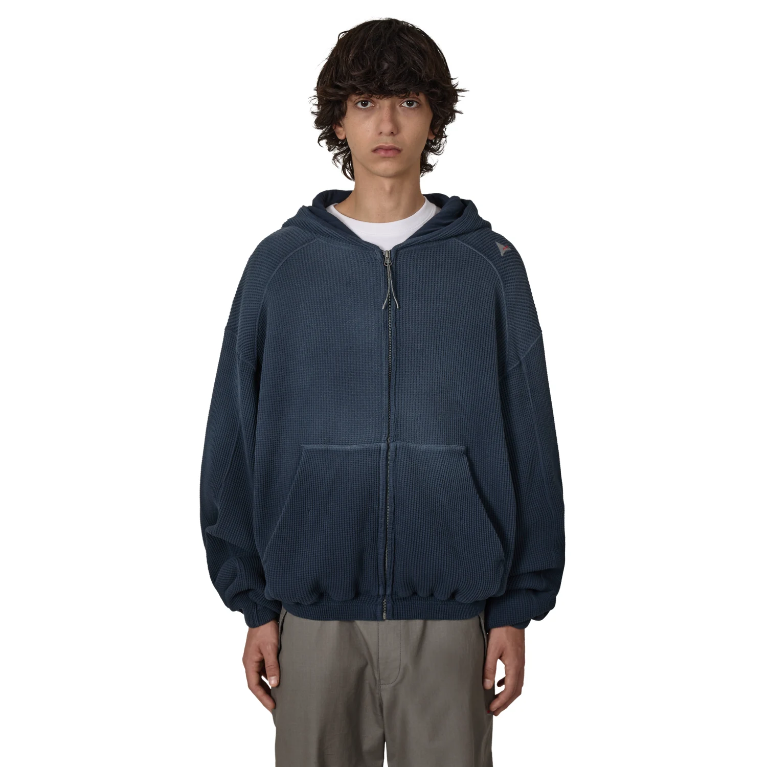 ROA Bee Sun Faded Organic Waffle Zip Up Hoodie Navy front view on model in a white background