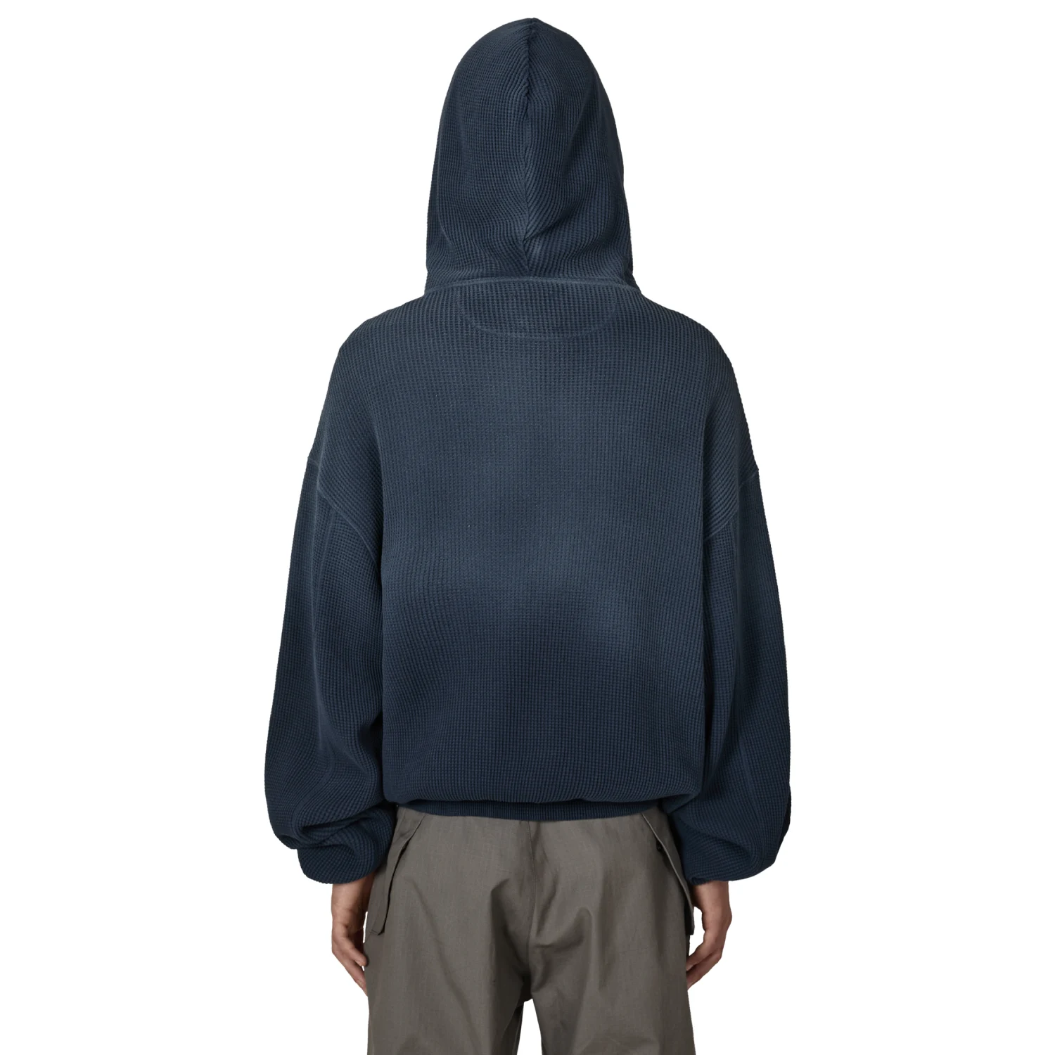 ROA Bee Sun Faded Organic Waffle Zip Up Hoodie Navy back view on model in a white background