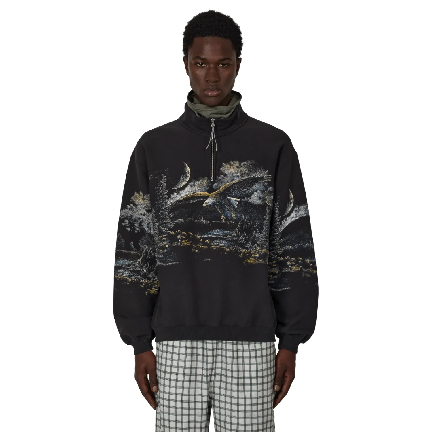 ROA Fai Half Zip Sweater Washed Black front view on model