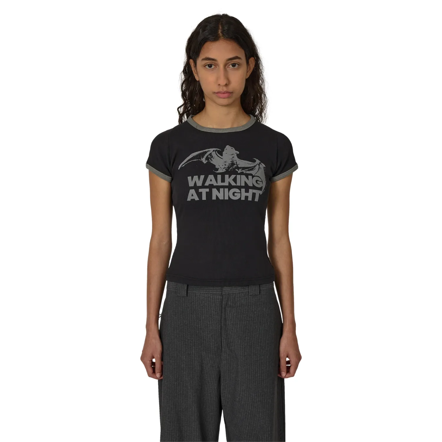 ROA Guniy Ribbed Baby Tee Washed Black front view on model