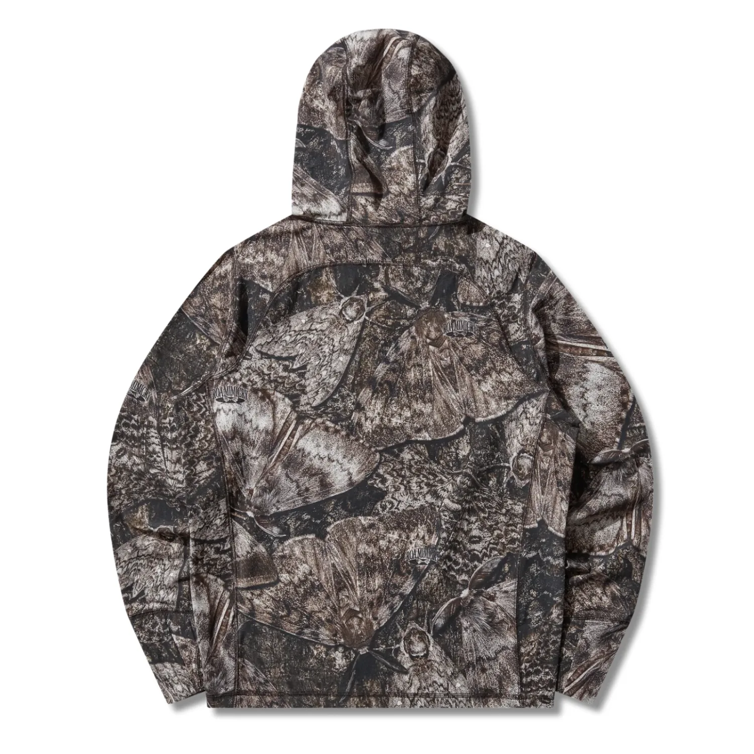 ROA Lio Upf +50 Baselayer Moth Print Long Sleeve Hoodie back view in a white background