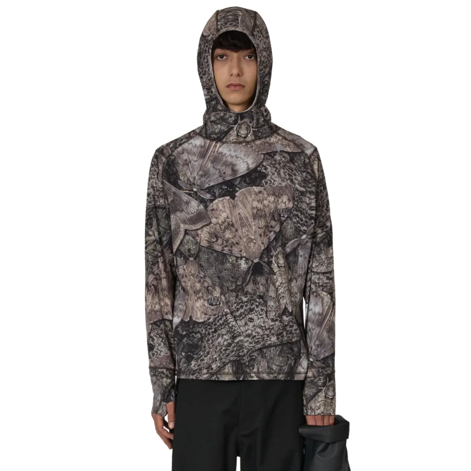 ROA Lio Upf +50 Baselayer Moth Print Long Sleeve Hoodie front view on model