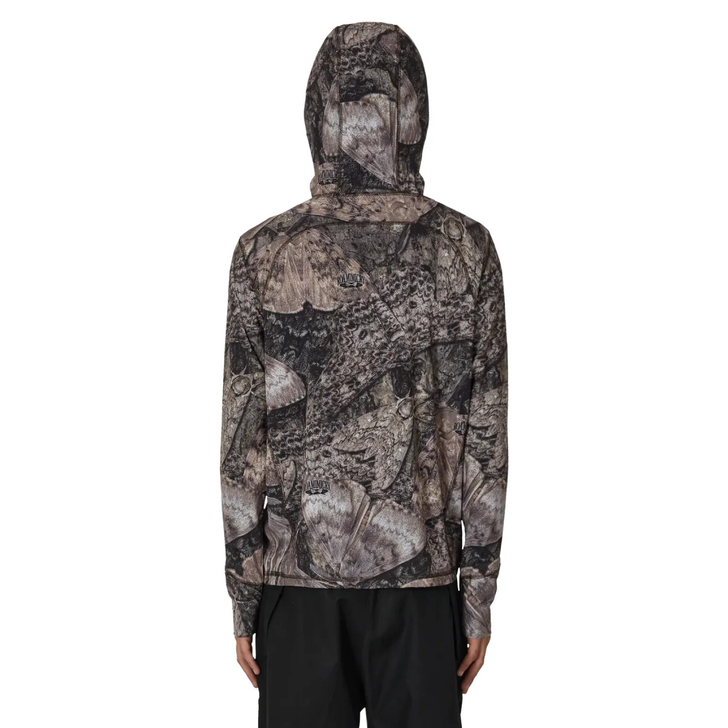 ROA Lio Upf +50 Baselayer Moth Print Long Sleeve Hoodie back view on model