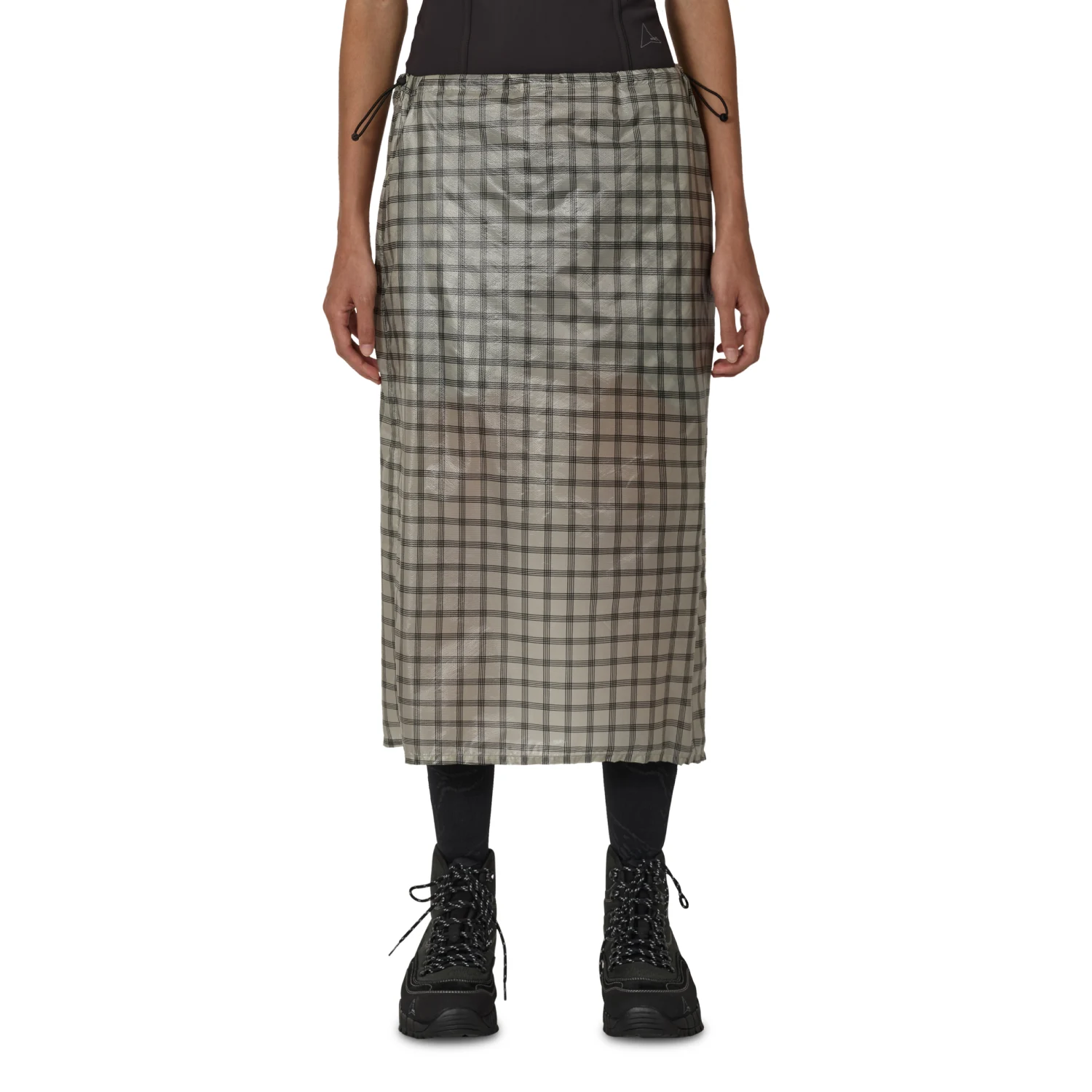ROA Nia See Trough Printed Check Mid Skirt front view on model in a white background