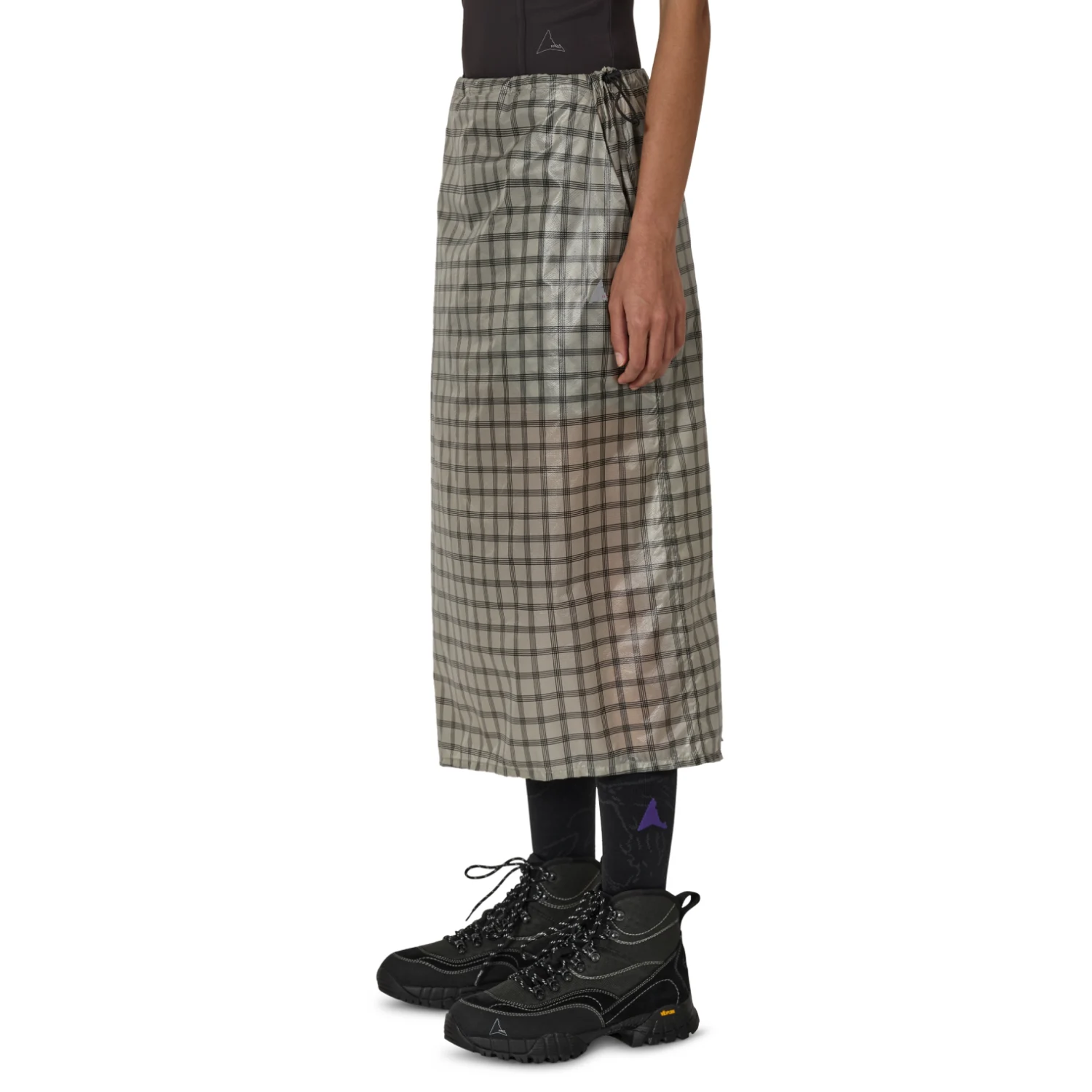 ROA Nia See Trough Printed Check Mid Skirt side view on model in a white background