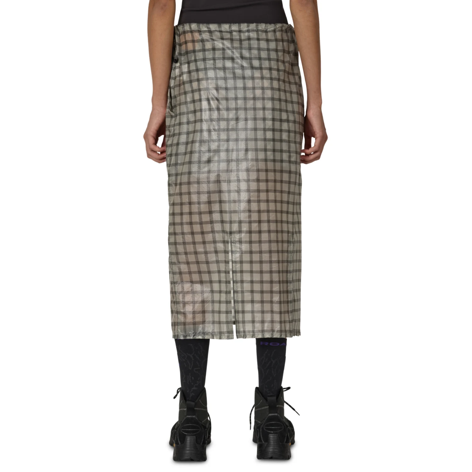 ROA Nia See Trough Printed Check Mid Skirt back view on model in a white background