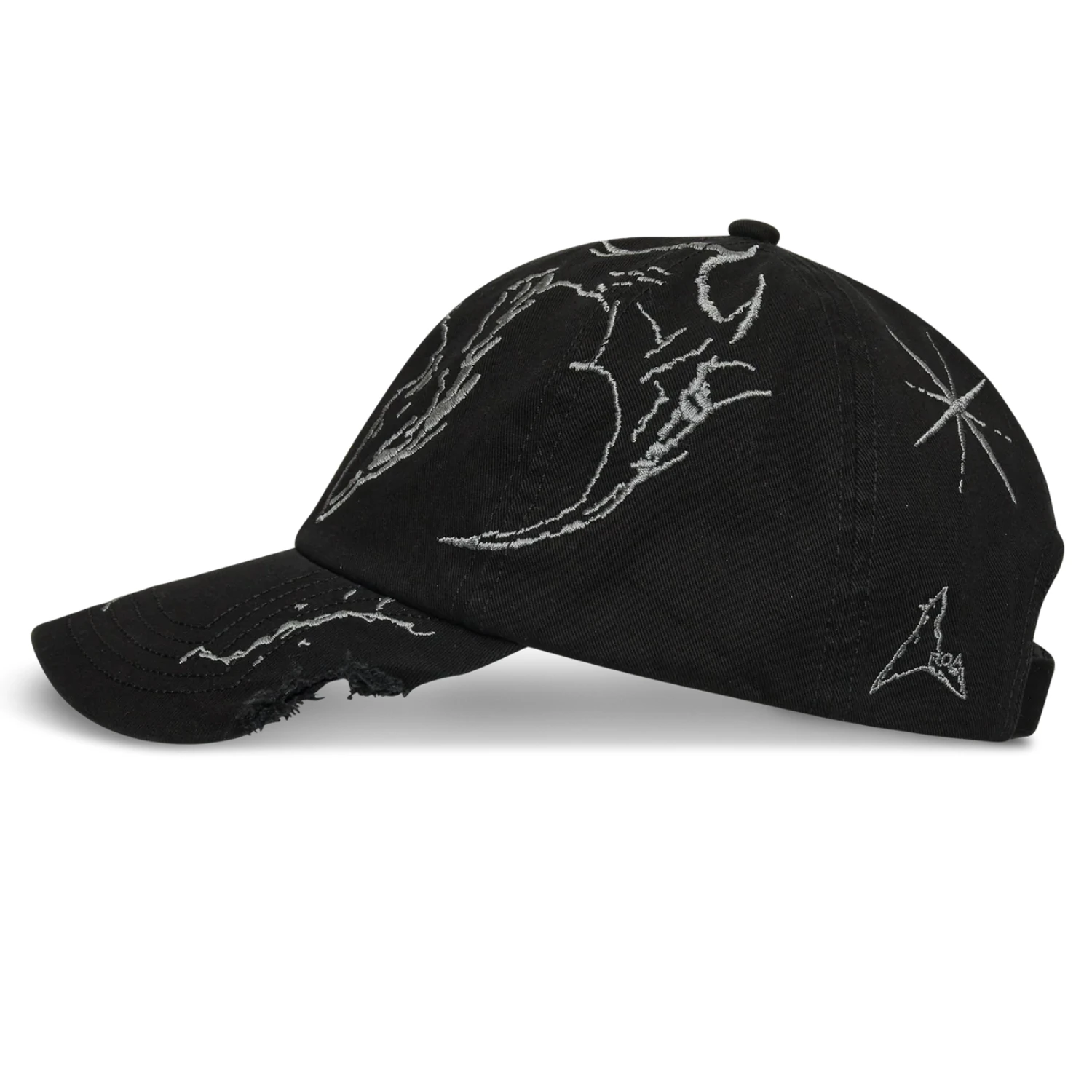 ROA Ryli Embriodered 6-Panel Cap Washed Black side view in a white background