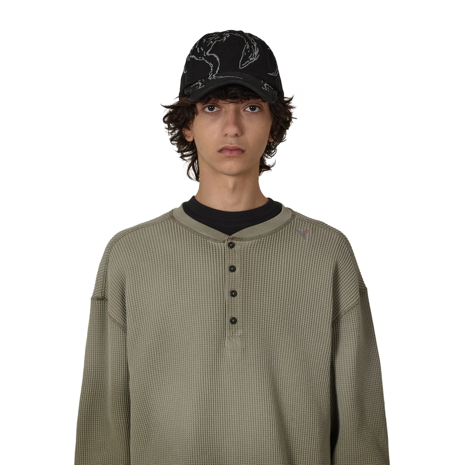 ROA Ryli Embriodered 6-Panel Cap Washed Black front view on model in a white background