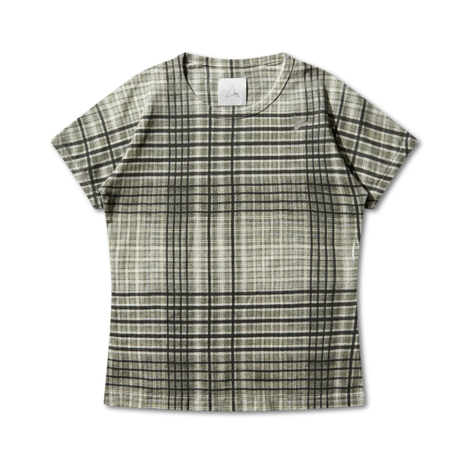 ROA Taba Printed Check Baby Tee Sage Green front view in a white background