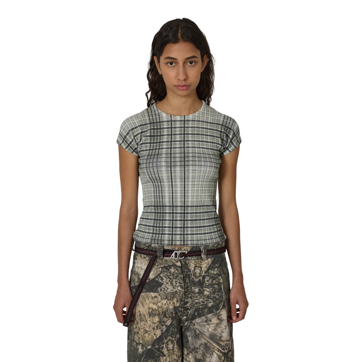 ROA Taba Printed Check Baby Tee Sage Green front view on model in a white background