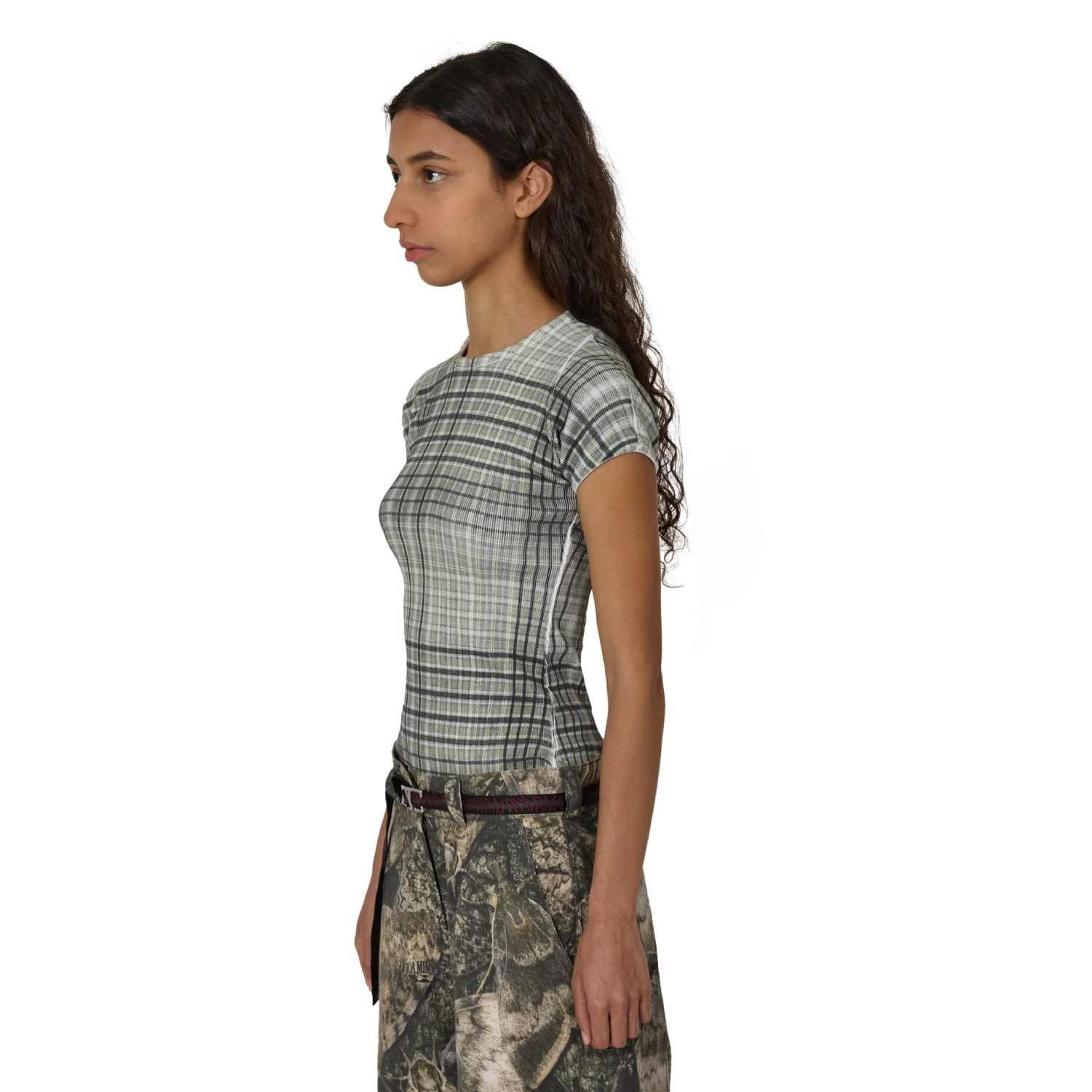 ROA Taba Printed Check Baby Tee Sage Green side view on model in a white background
