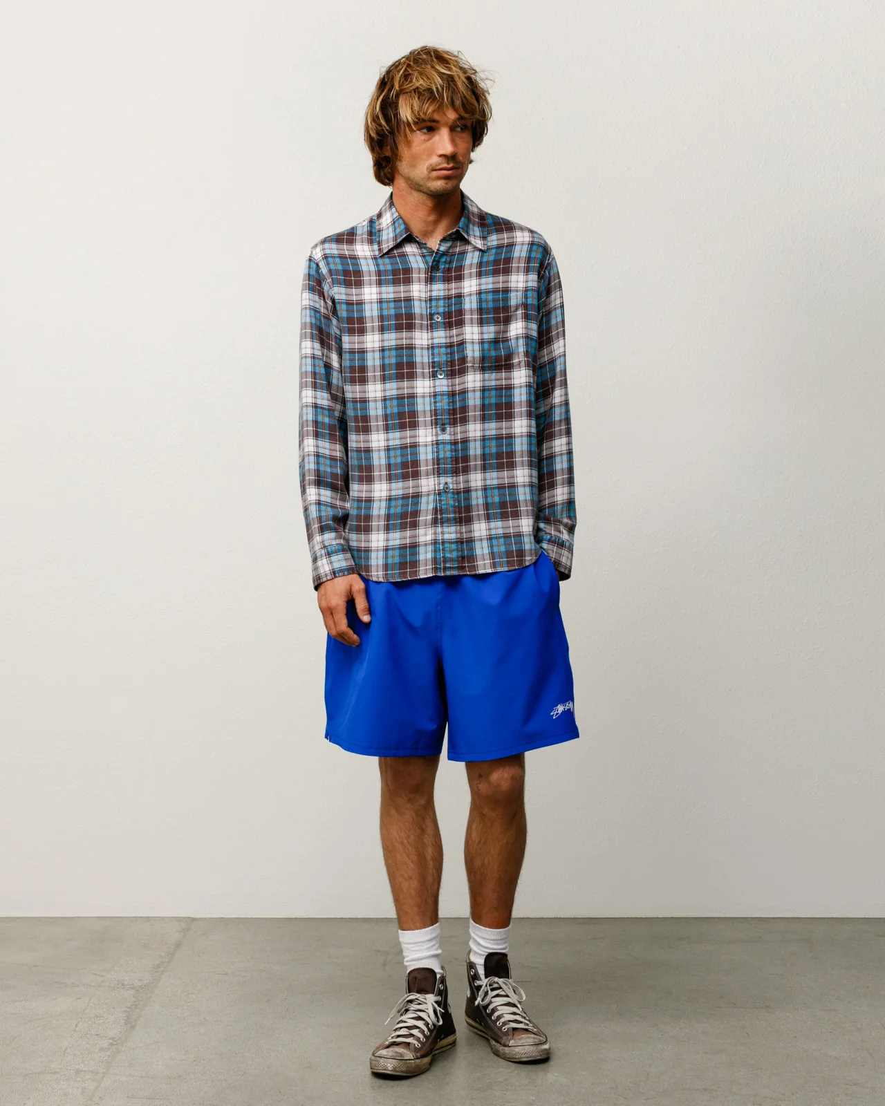Stüssy Sport Short Blue front view on model