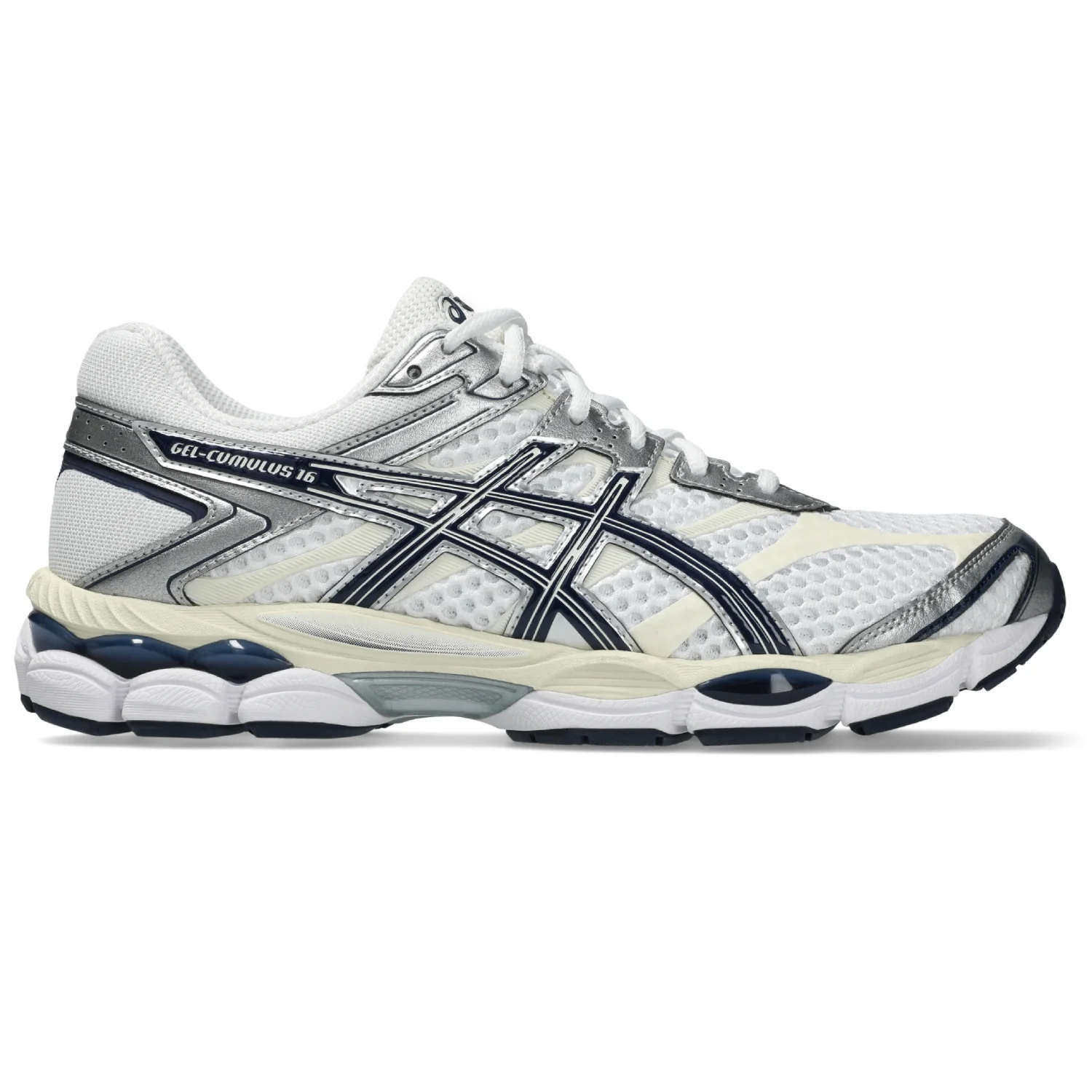 Asics Gel-Cumulus 16 White/Midnight side view in a white background