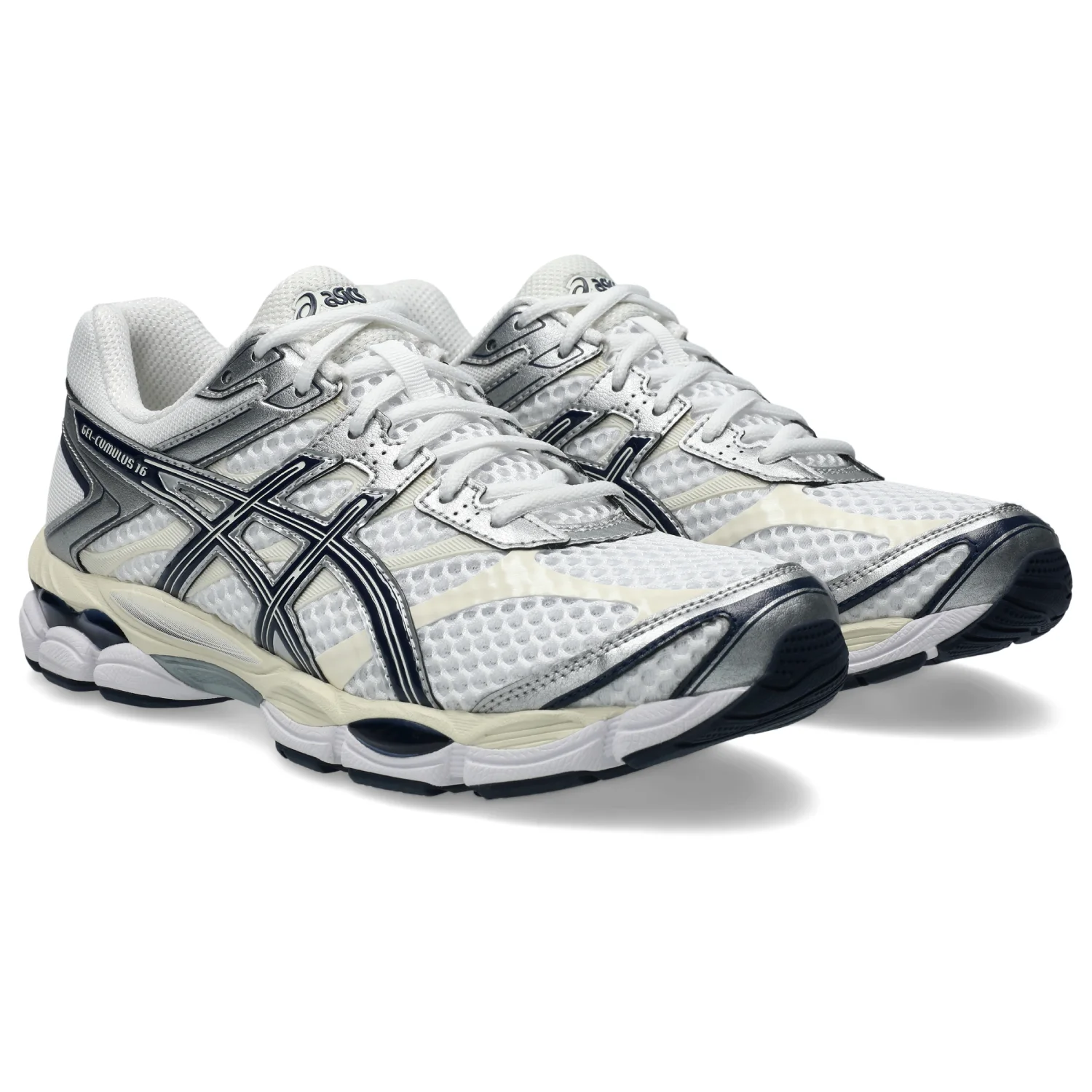 Asics Gel-Cumulus 16 White/Midnight side view in a white background