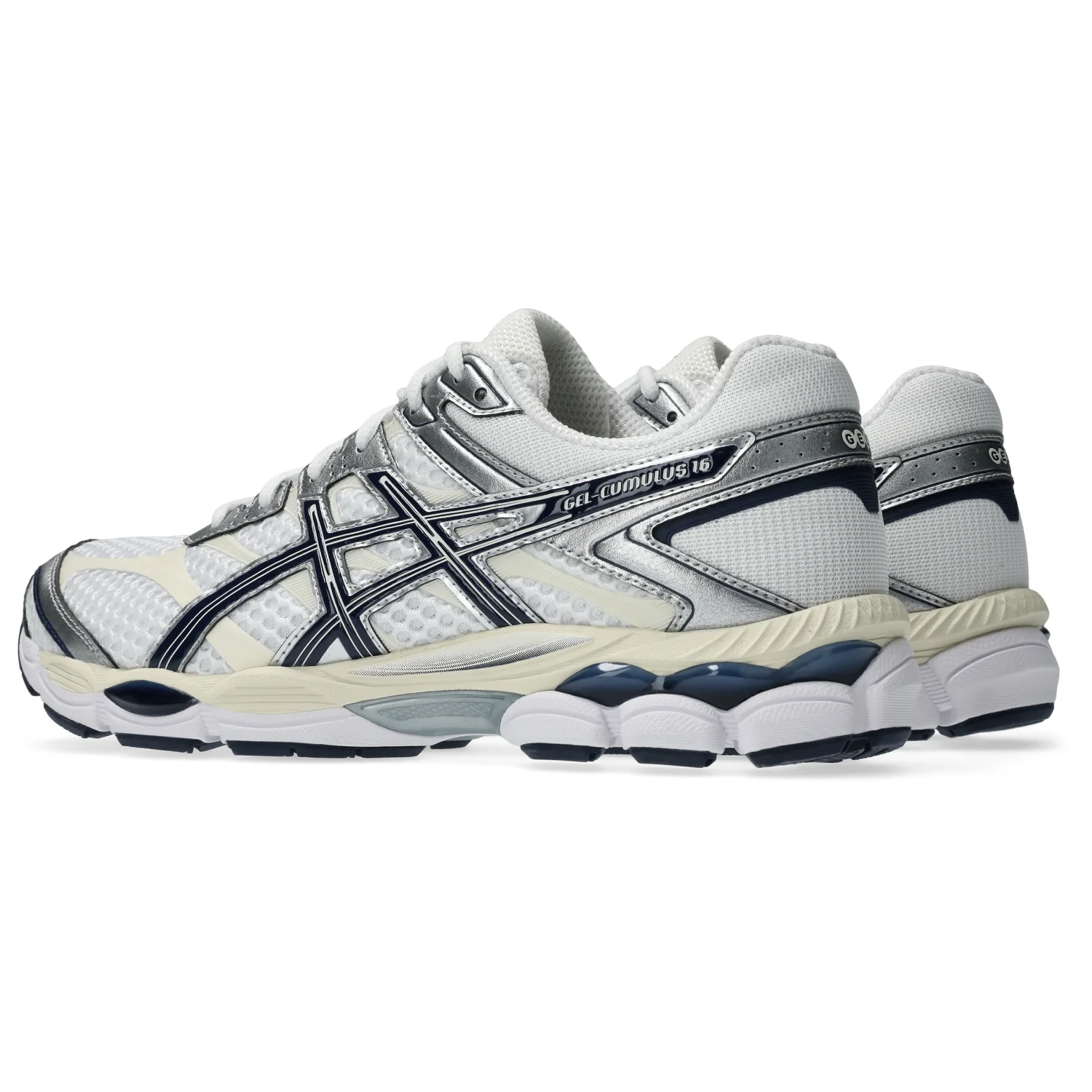 Asics Gel-Cumulus 16 White/Midnight side view in a white background