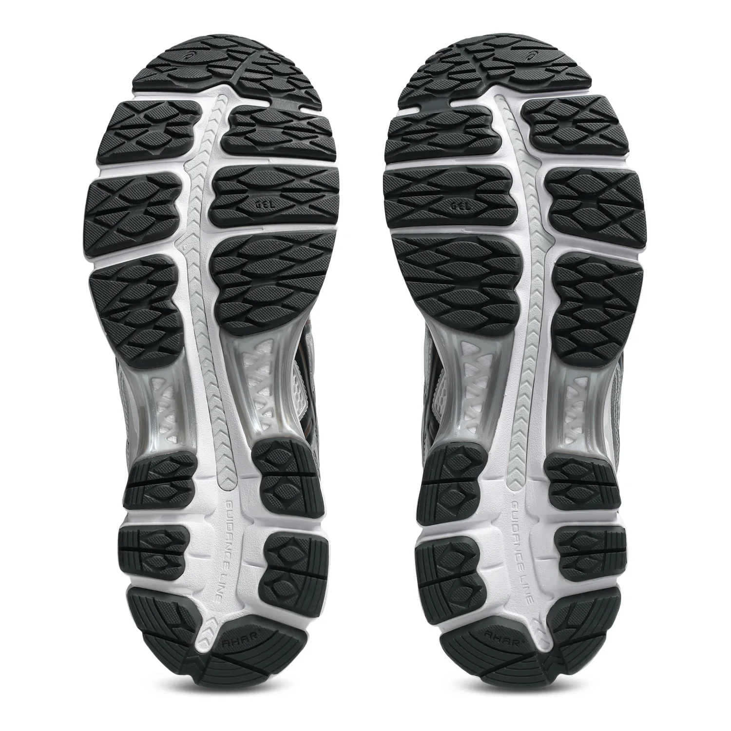 Asics Gel-Kayano 12.1 White/Graphite Grey bottom view in a white background