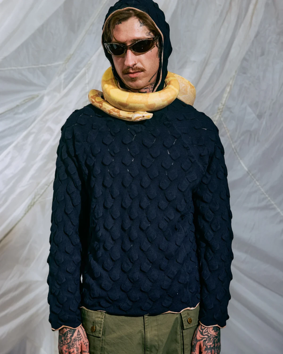 Brain Dead Bubble Knit Hoodie Midnight Blue front view on model