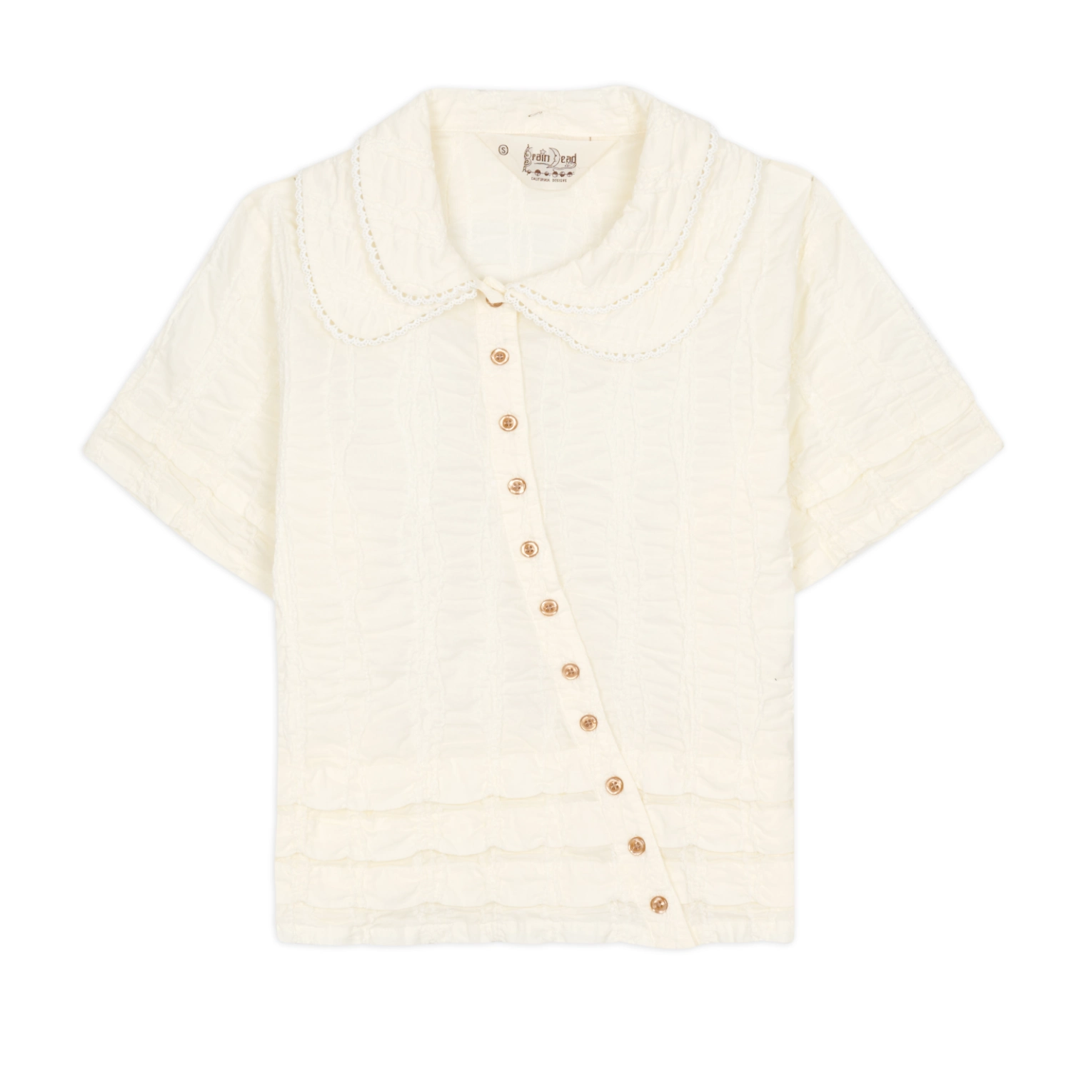 Brain Dead Twisted Seersucker Button Up Shirt Cream front view in a white background