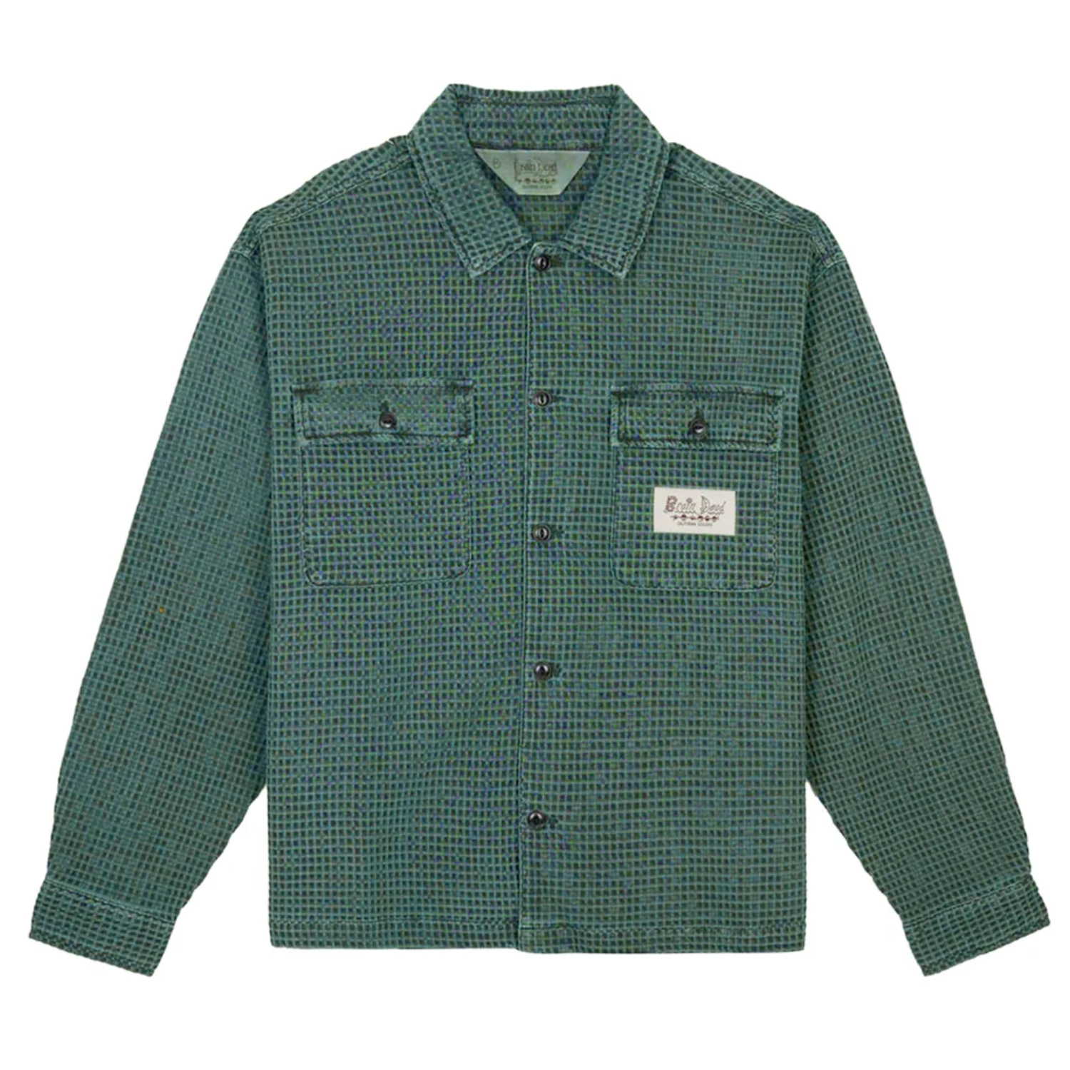 Brain Dead Waffle Button Front Shirt Silver Pine front view in a white background