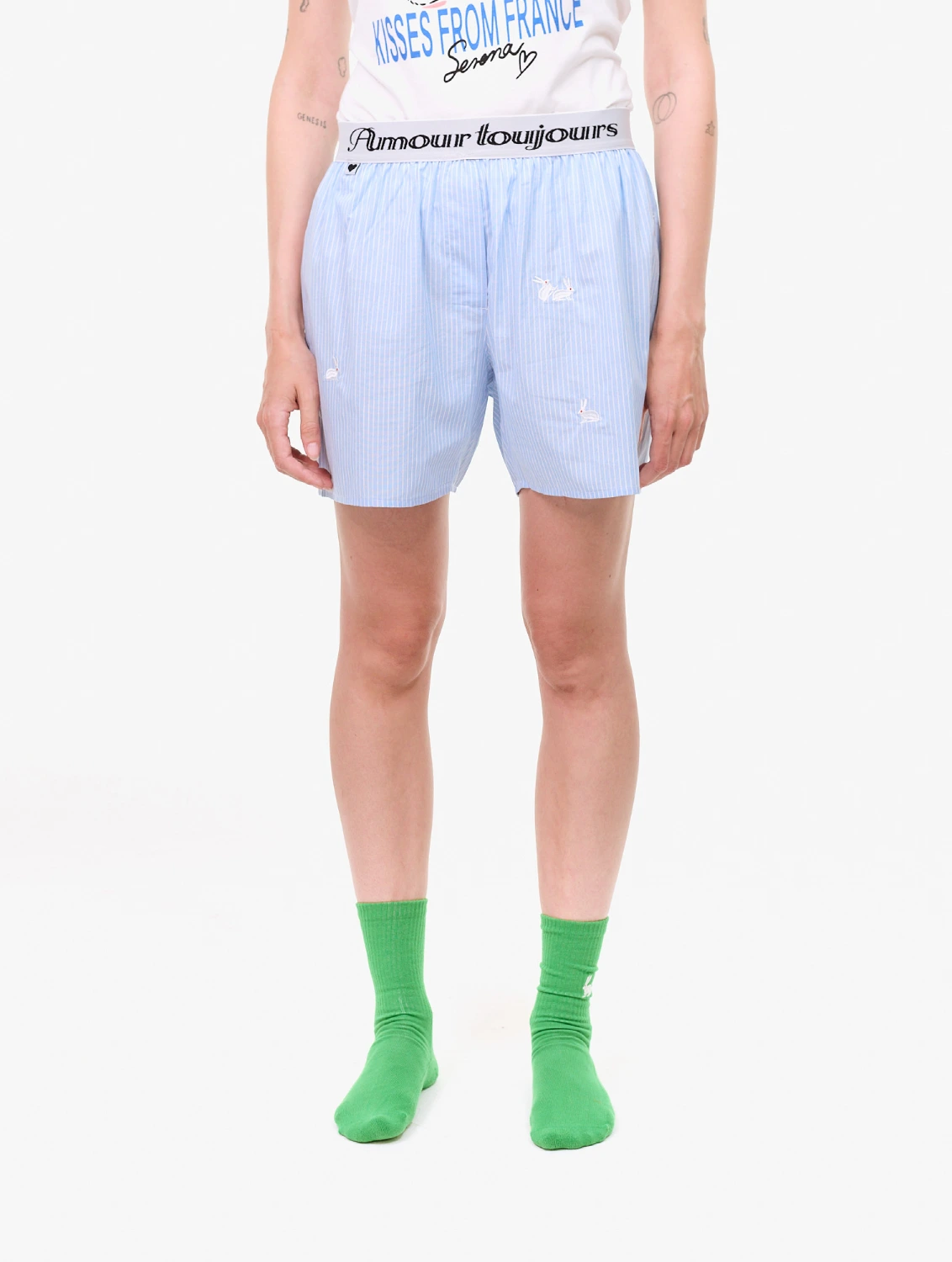 Carne Bollente Follow the Rabbit Blue Stripe front view on model