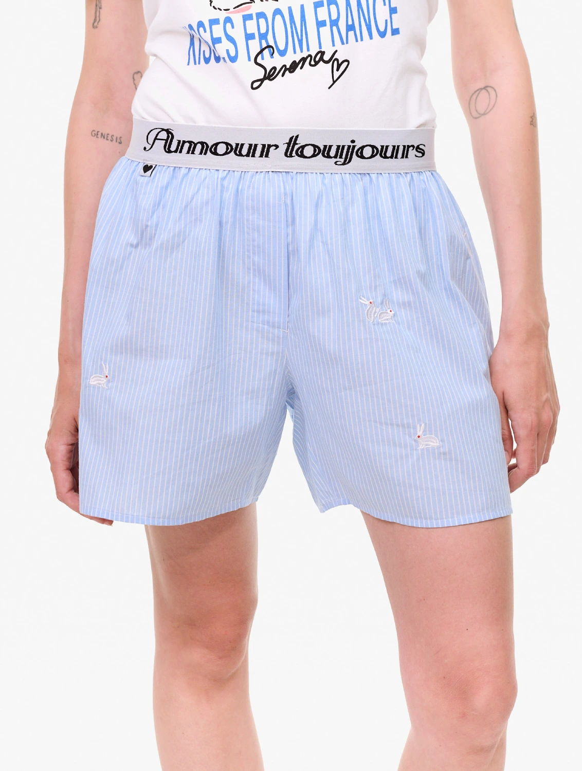 Carne Bollente Follow the Rabbit Blue Stripe front view on model