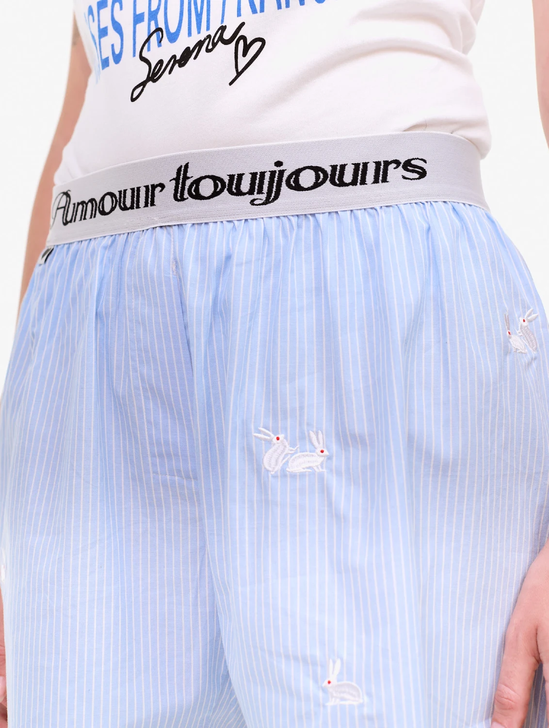 Carne Bollente Follow the Rabbit Blue Stripe front view on model