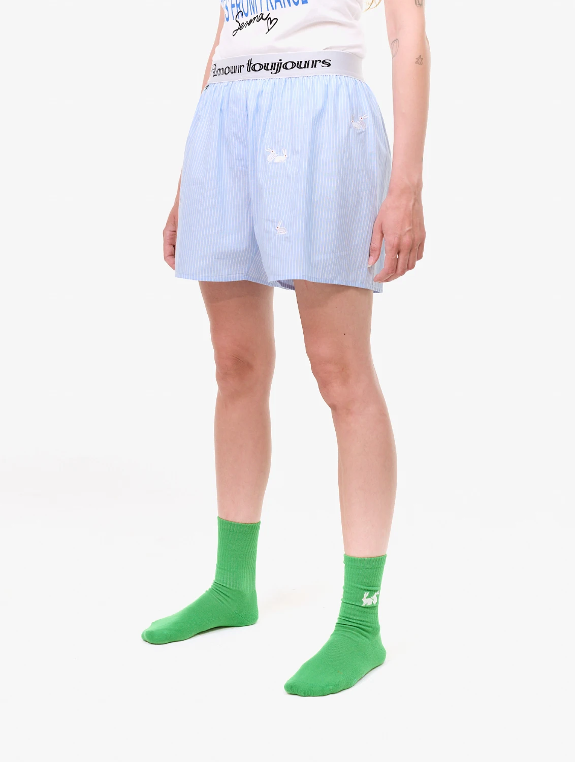 Carne Bollente Follow the Rabbit Blue Stripe front view on model