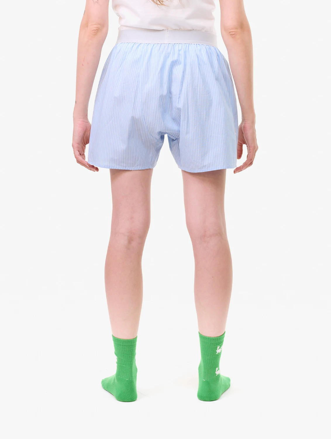 Carne Bollente Follow the Rabbit Blue Stripe back view on model