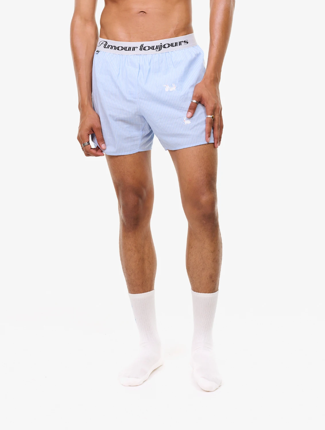 Carne Bollente Follow the Rabbit Blue Stripe front view on model