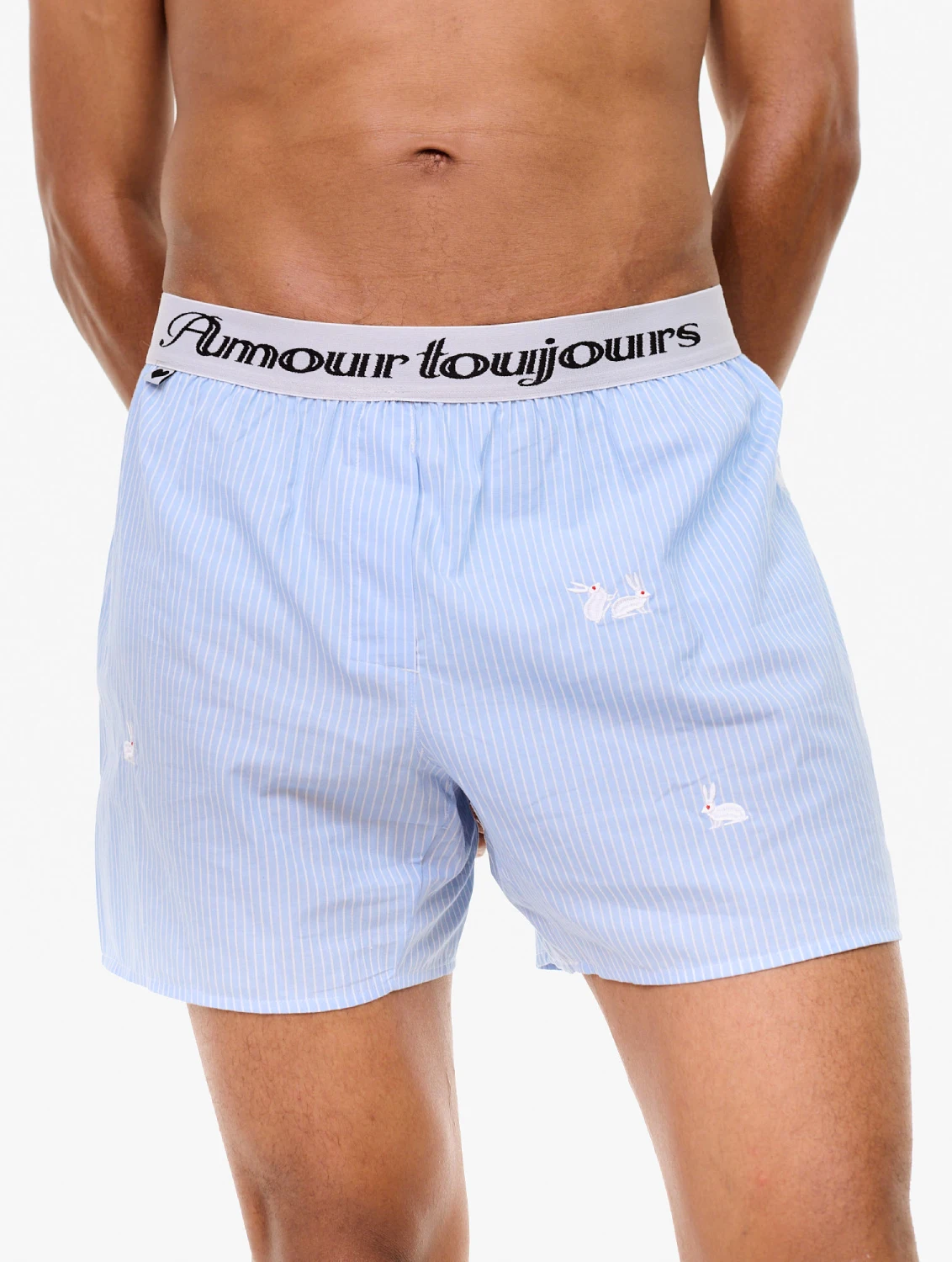 Carne Bollente Follow the Rabbit Blue Stripe front view on model