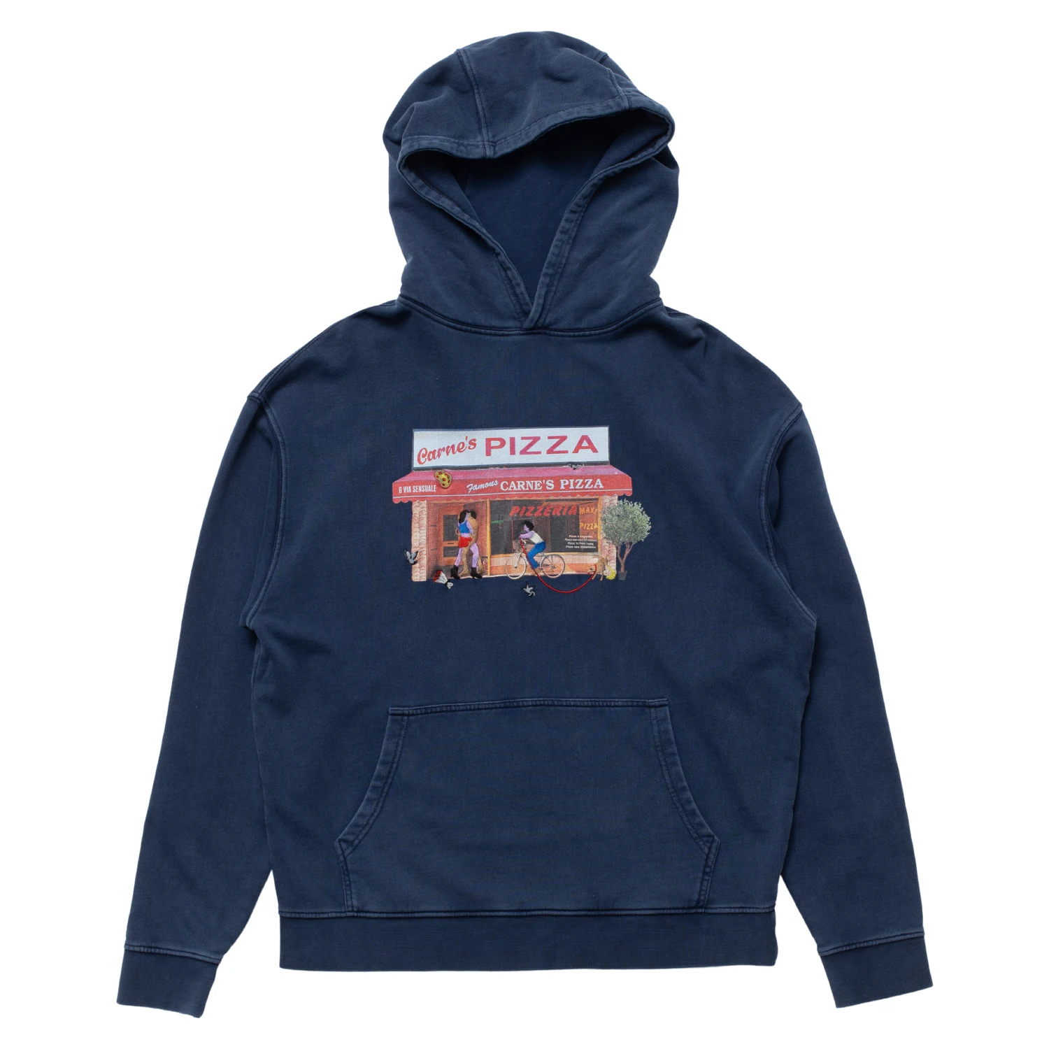 Carne Bollente Hot Slice Hoodie Navy front view in a white background