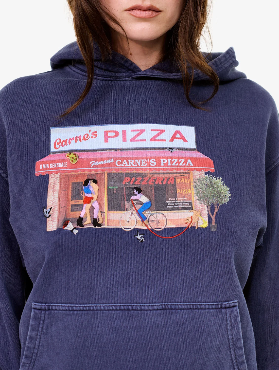 Carne Bollente Hot Slice Hoodie Navy front view on model