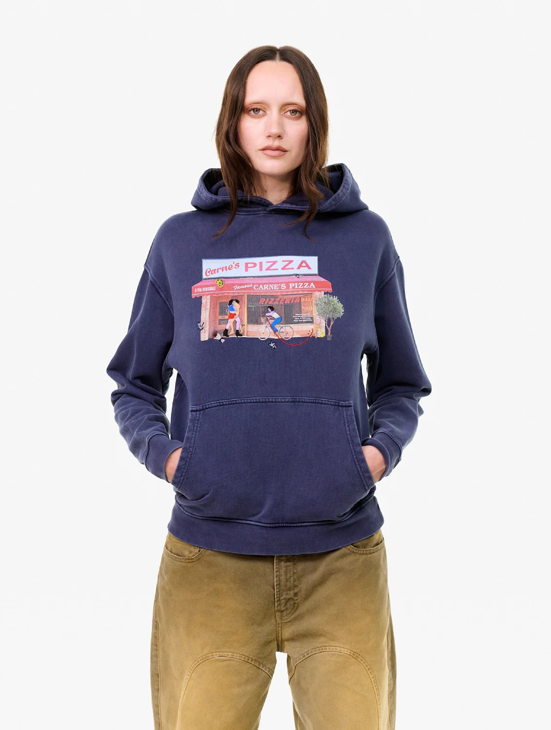 Carne Bollente Hot Slice Hoodie Navy front view on model