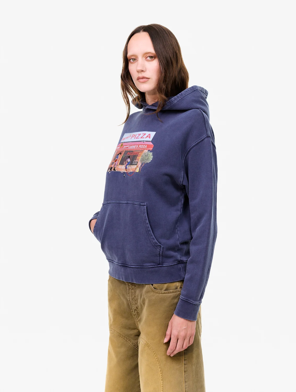 Carne Bollente Hot Slice Hoodie Navy front view on model